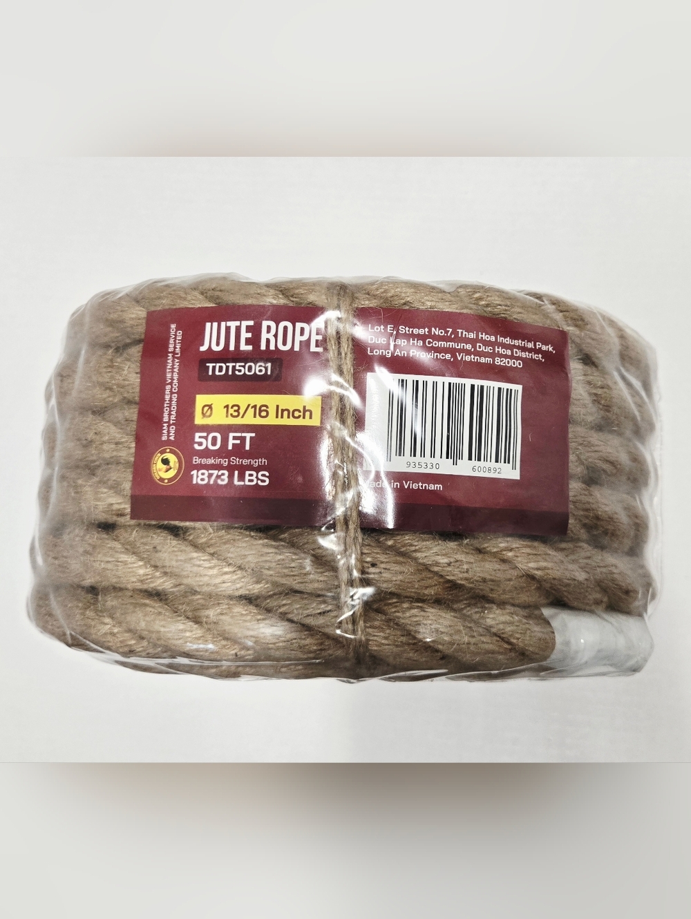 50FT Jute Rope 13/16” Thick Heavy Duty Natural Fiber Rope 1873 LB Strength